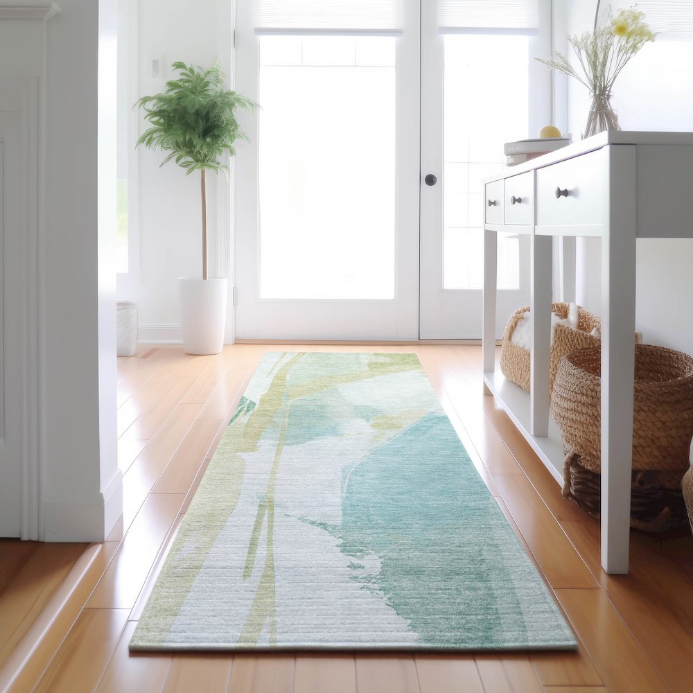 Luxury Washable Indoor/Outdoor Ravenna Teal 2'3" x 7'6" Runner Rug. Picture 5