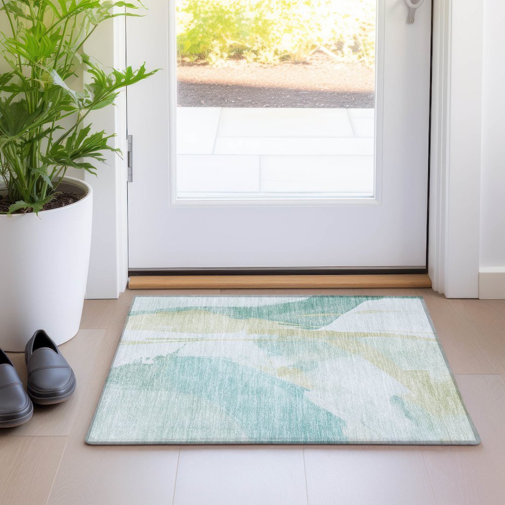 Luxury Washable Indoor/Outdoor Ravenna Teal 1'8" x 2'6" Rug. Picture 5