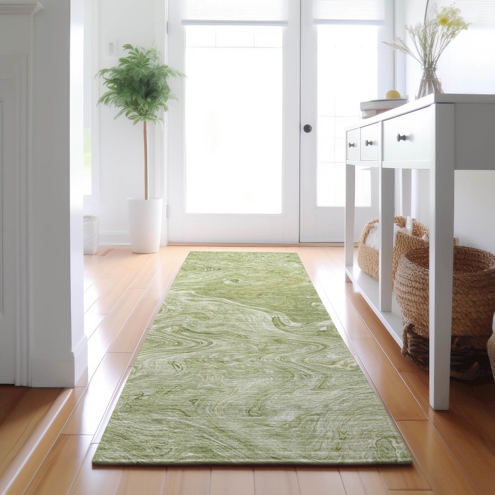 Luxury Washable Indoor/Outdoor Ravenna Sage 2'3" x 7'6" Runner Rug. Picture 5