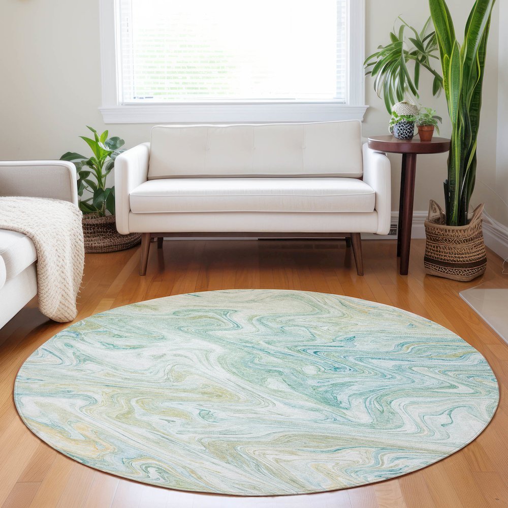 Luxury Washable Indoor/Outdoor Ravenna Sky 8' x 8' Round Rug. Picture 5