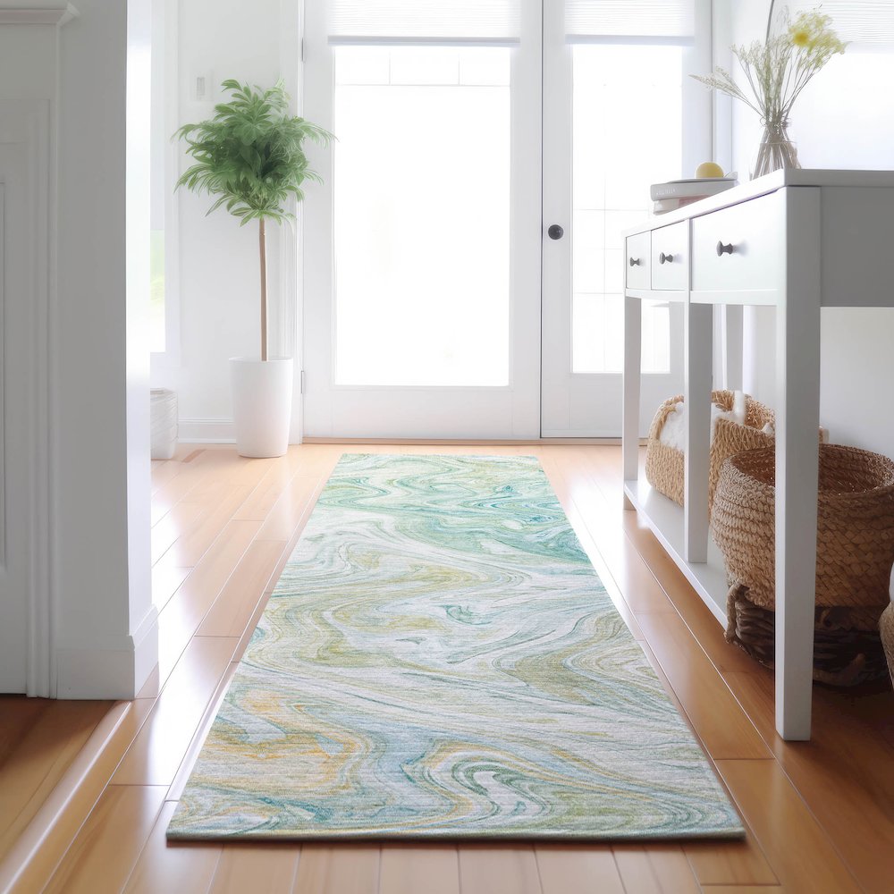 Luxury Washable Indoor/Outdoor Ravenna Sky 2'3" x 7'6" Runner Rug. Picture 5
