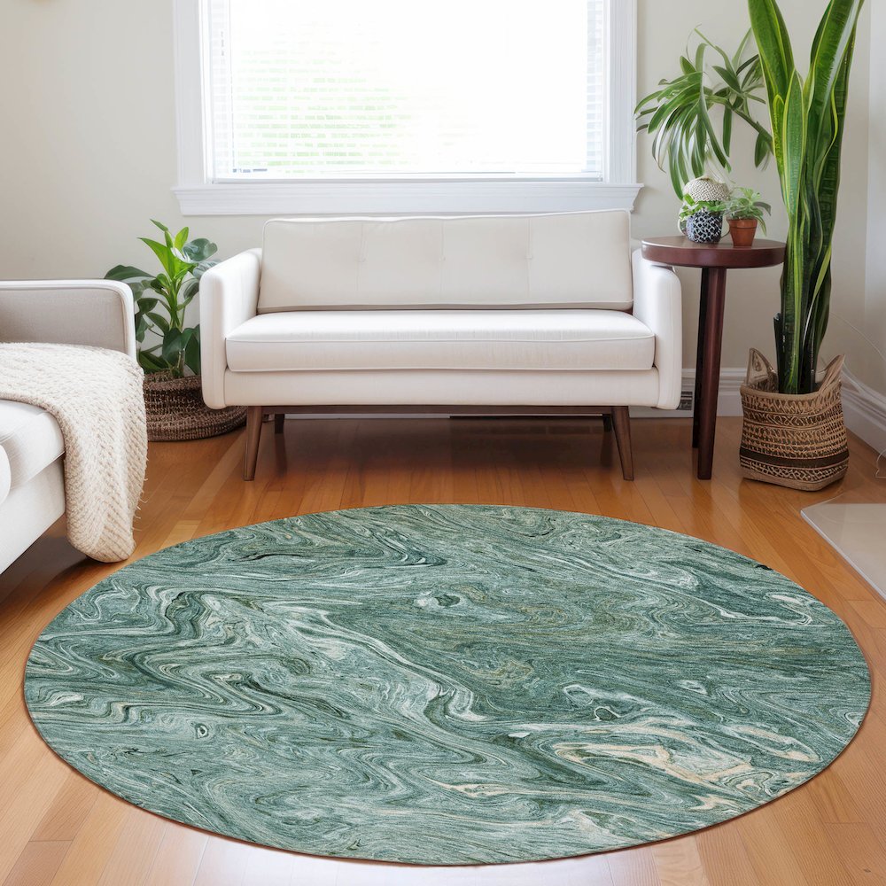 Luxury Washable Indoor/Outdoor Ravenna Teal 8' x 8' Round Rug. Picture 5
