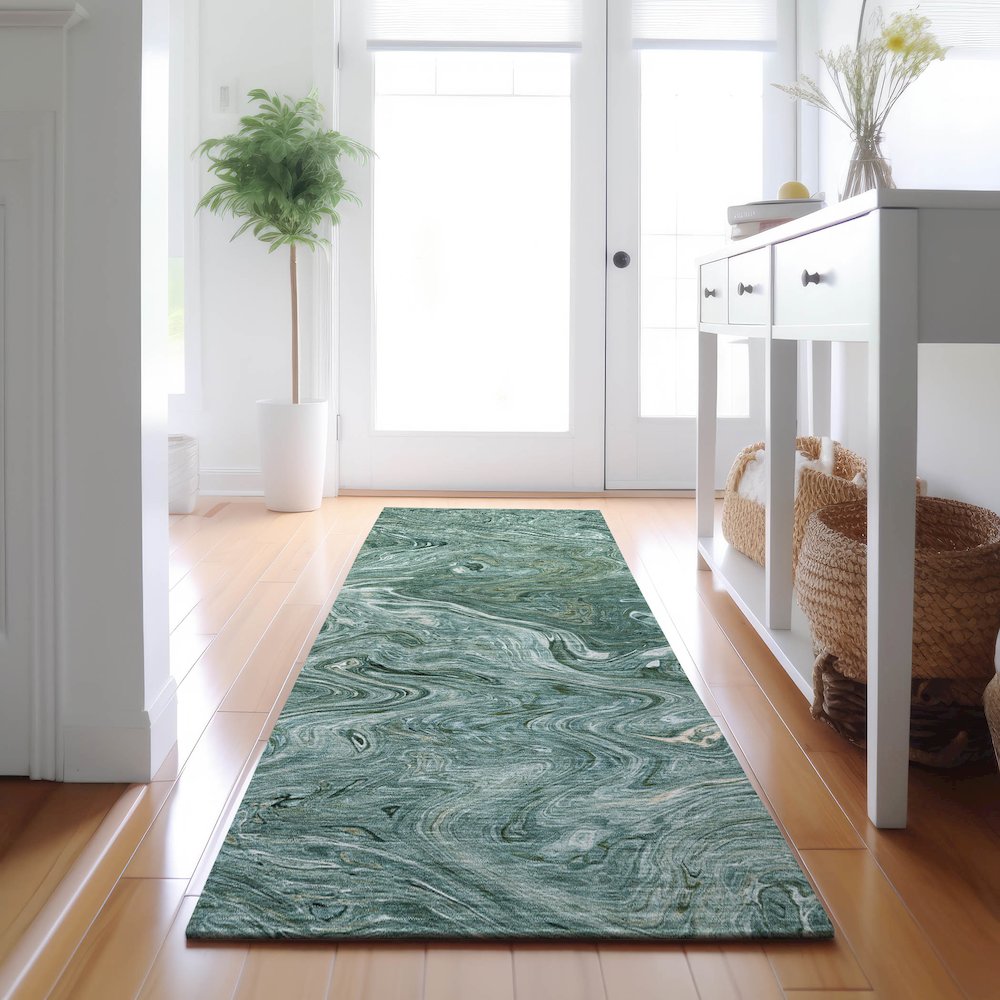 Luxury Washable Indoor/Outdoor Ravenna Teal 2'3" x 7'6" Runner Rug. Picture 5