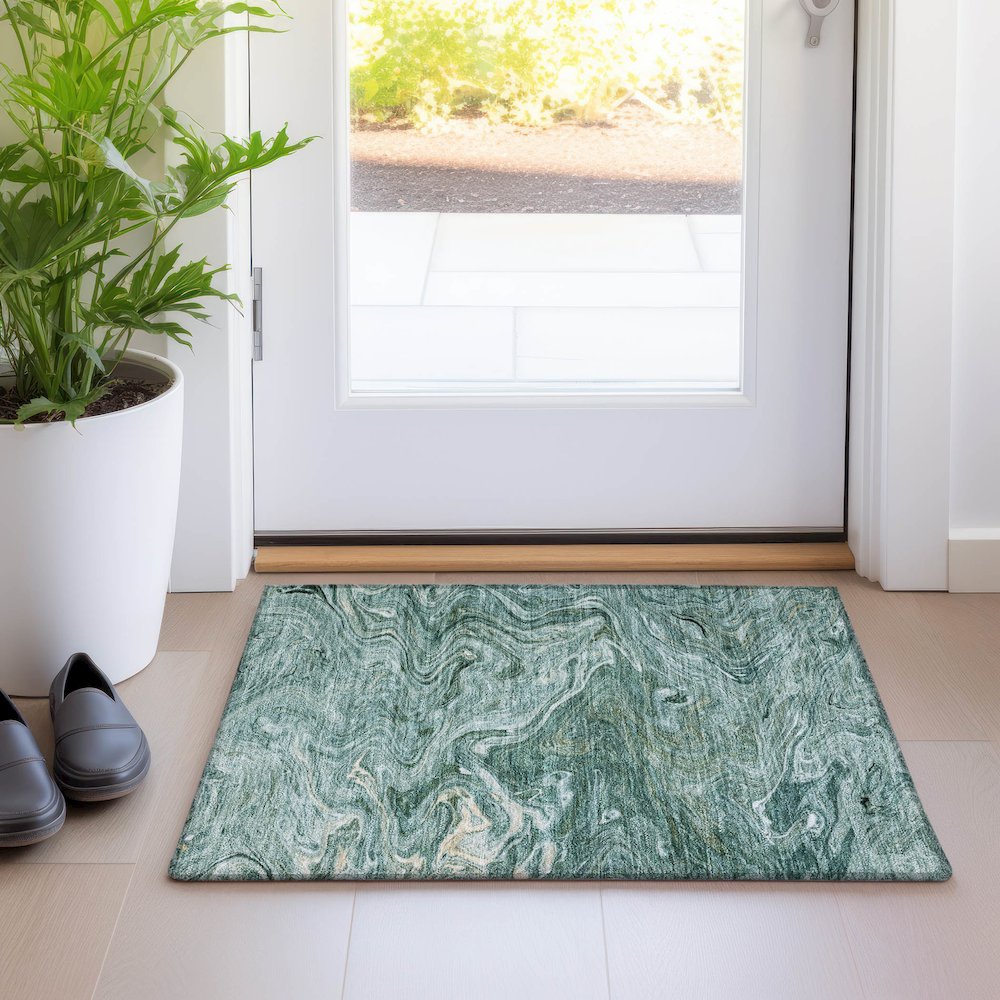 Luxury Washable Indoor/Outdoor Ravenna Teal 1'8" x 2'6" Rug. Picture 5