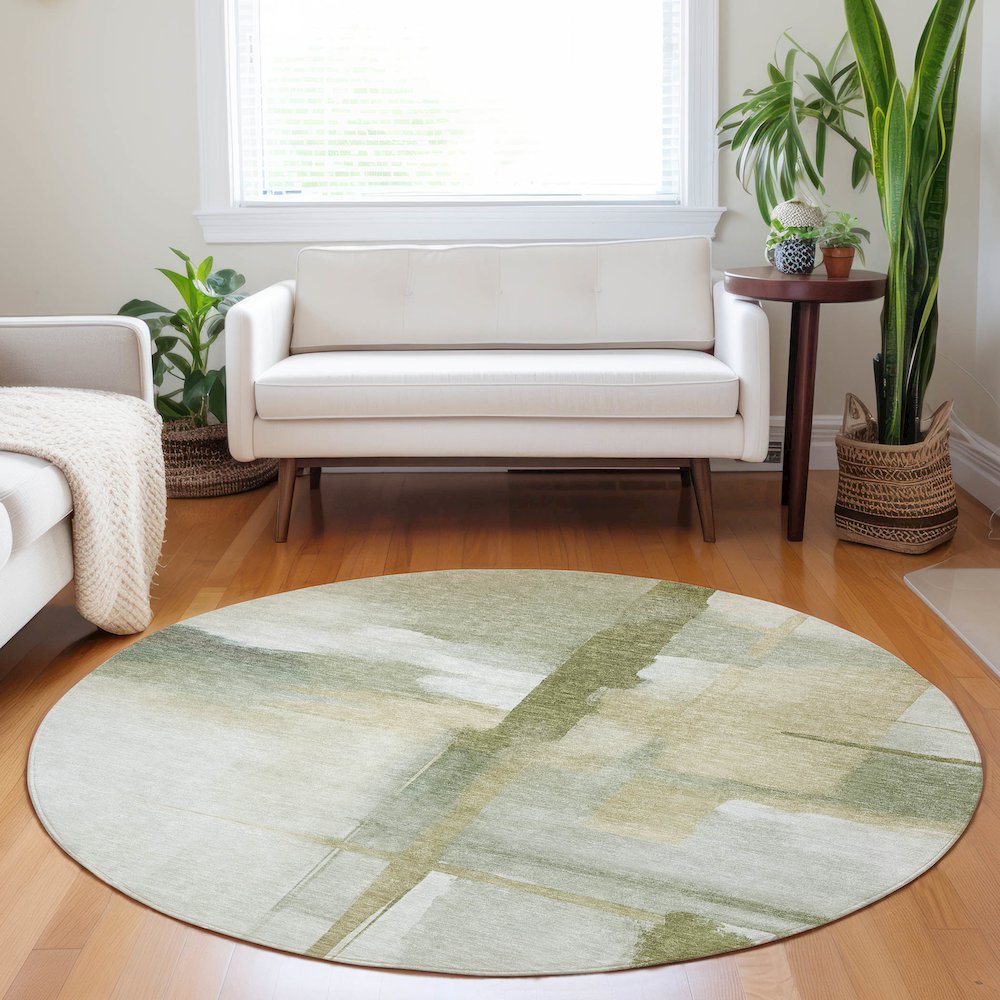 Luxury Washable Indoor/Outdoor Ravenna Aloe 8' x 8' Round Rug. Picture 5