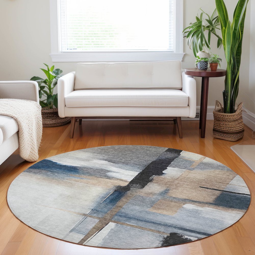 Luxury Washable Indoor/Outdoor Ravenna Blue 8' x 8' Round Rug. Picture 5