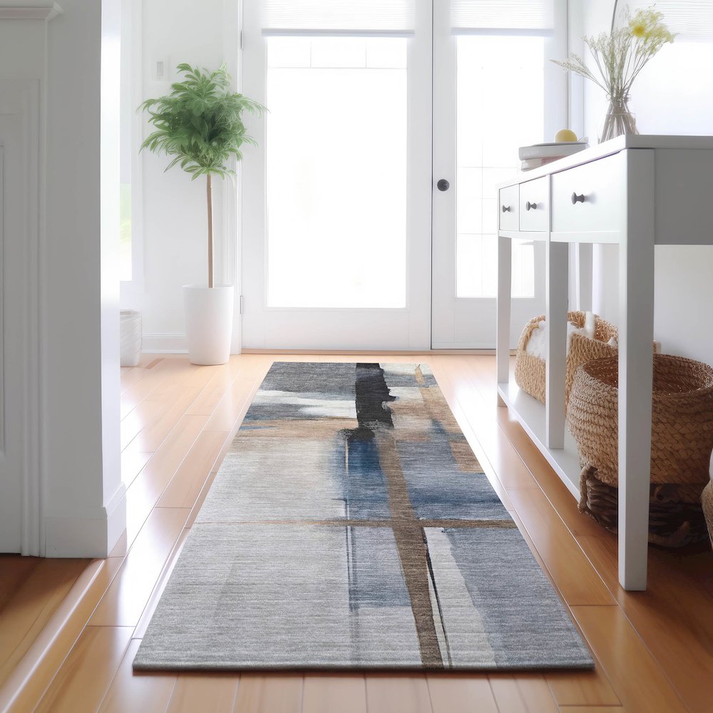 Luxury Washable Indoor/Outdoor Ravenna Blue 2'3" x 7'6" Runner Rug. Picture 5