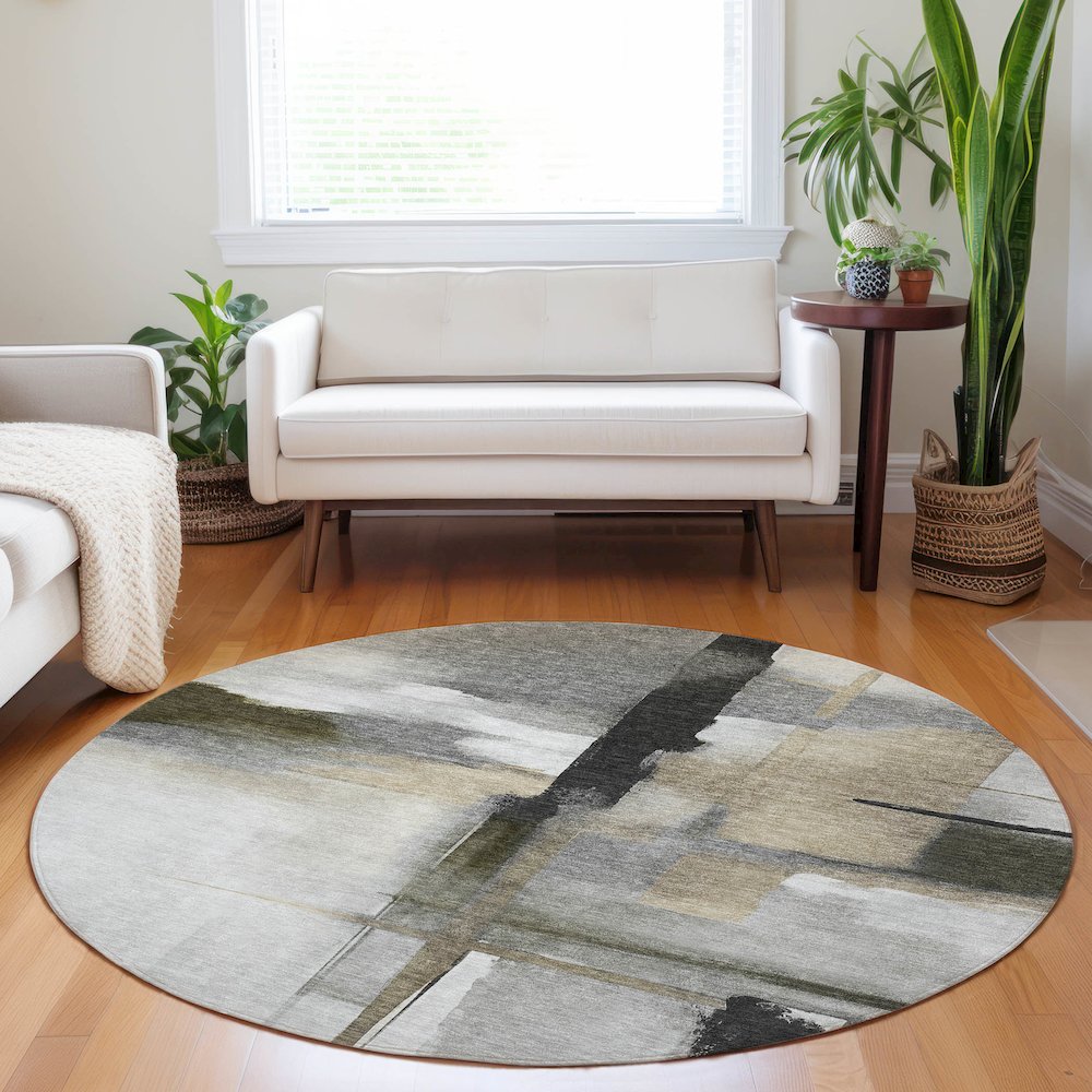 Luxury Washable Indoor/Outdoor Ravenna Gray 8' x 8' Round Rug. Picture 5