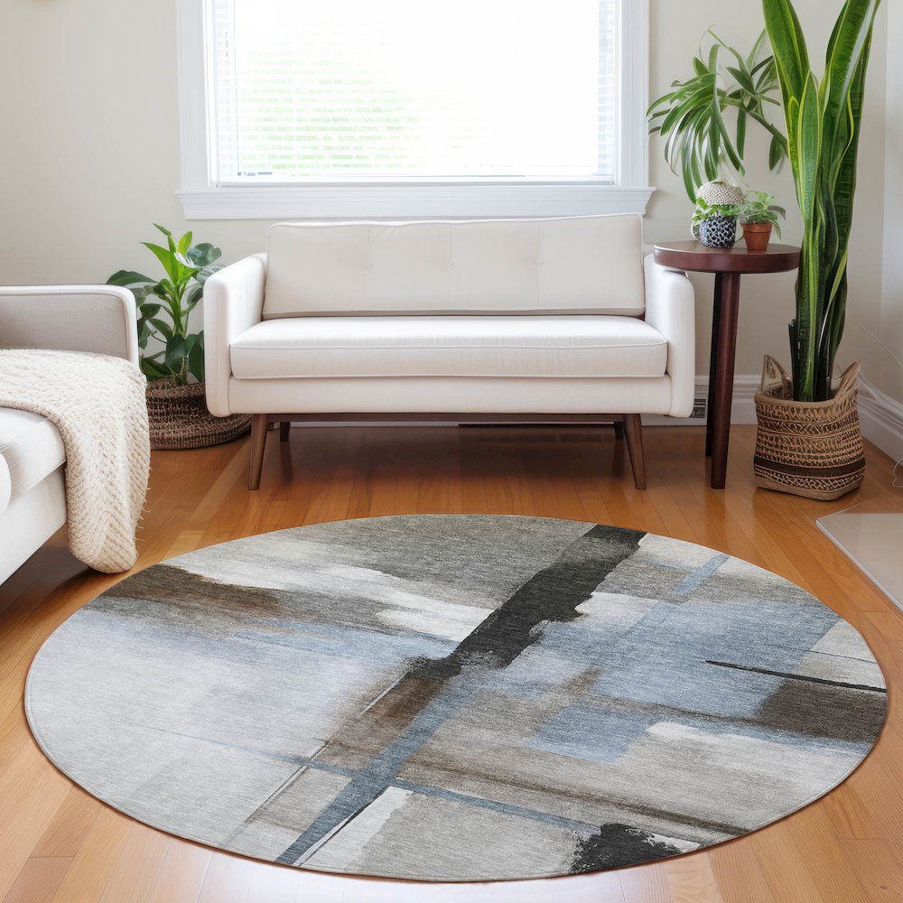 Luxury Washable Indoor/Outdoor Ravenna Taupe 8' x 8' Round Rug. Picture 5