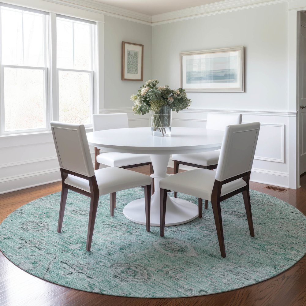 Luxury Washable Indoor/Outdoor Solace Teal 8' x 8' Round Rug. Picture 5