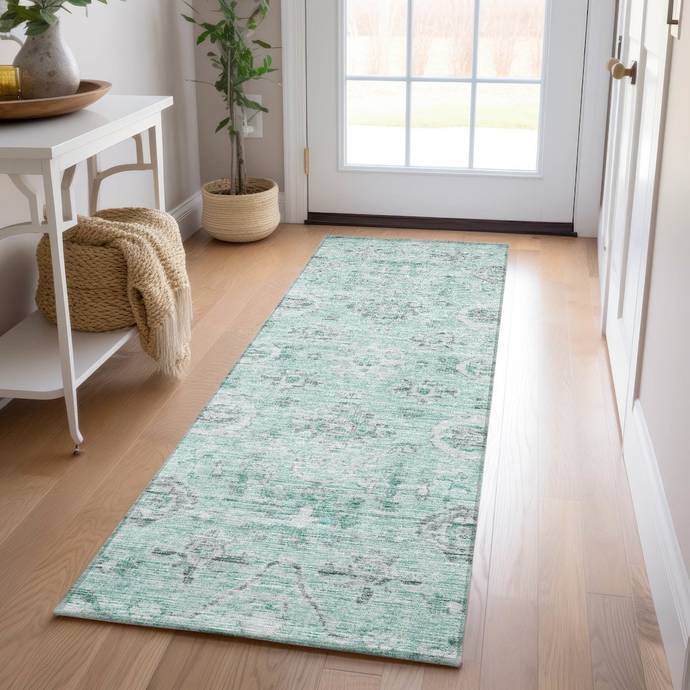 Luxury Washable Indoor/Outdoor Solace Teal 2'3" x 7'6" Runner Rug. Picture 5
