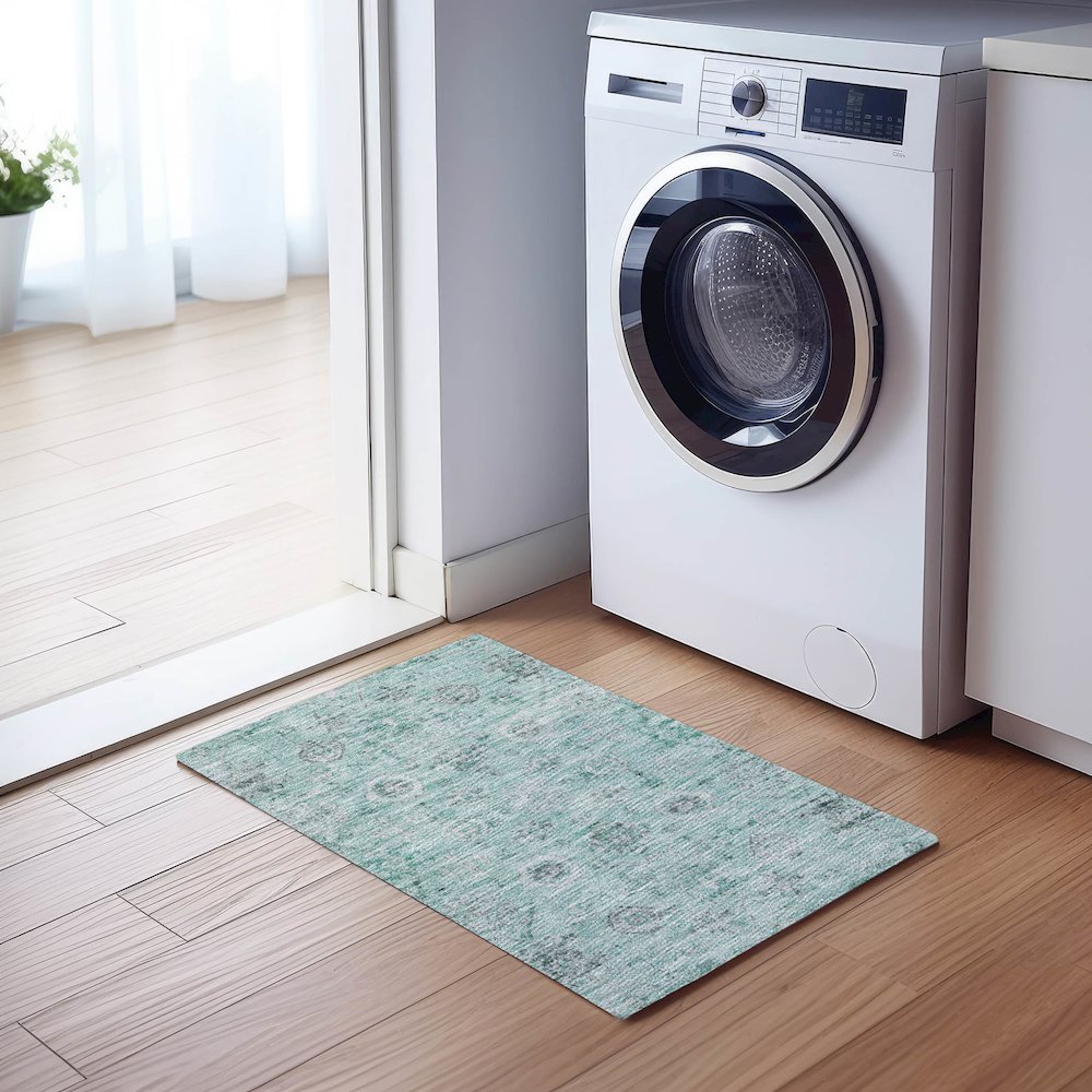 Luxury Washable Indoor/Outdoor Solace Teal 1'8" x 2'6" Rug. Picture 5