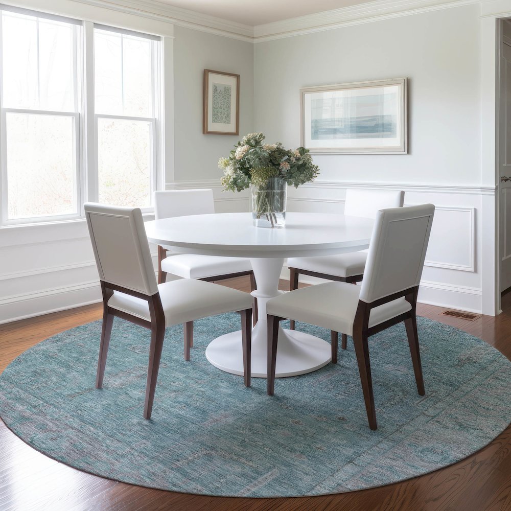 Luxury Washable Indoor/Outdoor Solace Aqua 8' x 8' Round Rug. Picture 5