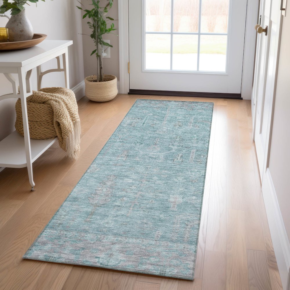 Luxury Washable Indoor/Outdoor Solace Aqua 2'3" x 7'6" Runner Rug. Picture 5