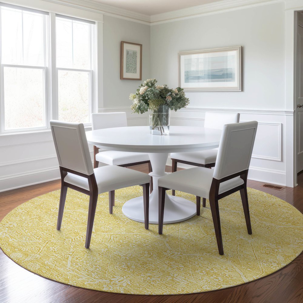Luxury Washable Indoor/Outdoor Solace Yellow 8' x 8' Round Rug. Picture 5