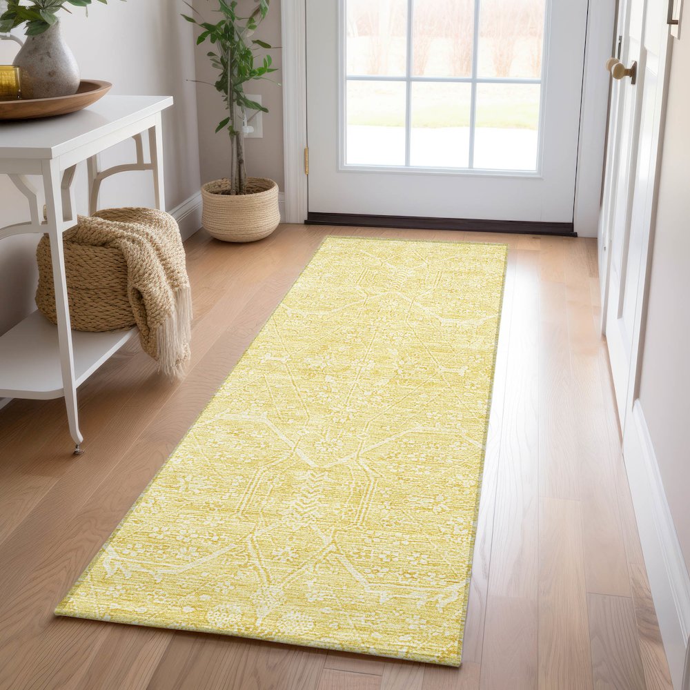 Luxury Washable Indoor/Outdoor Solace Yellow 2'3" x 7'6" Runner Rug. Picture 5