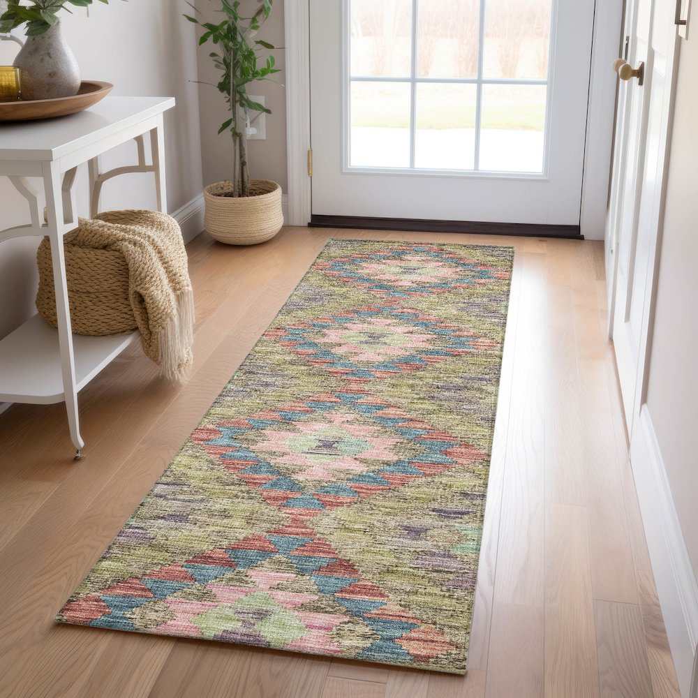 Luxury Washable Indoor/Outdoor Solace Green 2'3" x 7'6" Runner Rug. Picture 5