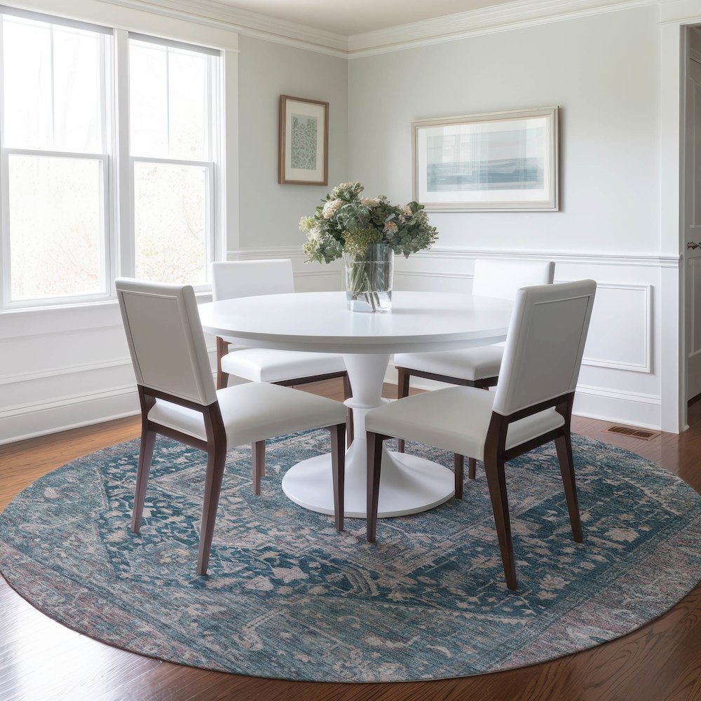 Luxury Washable Indoor/Outdoor Solace Blue 8' x 8' Round Rug. Picture 5