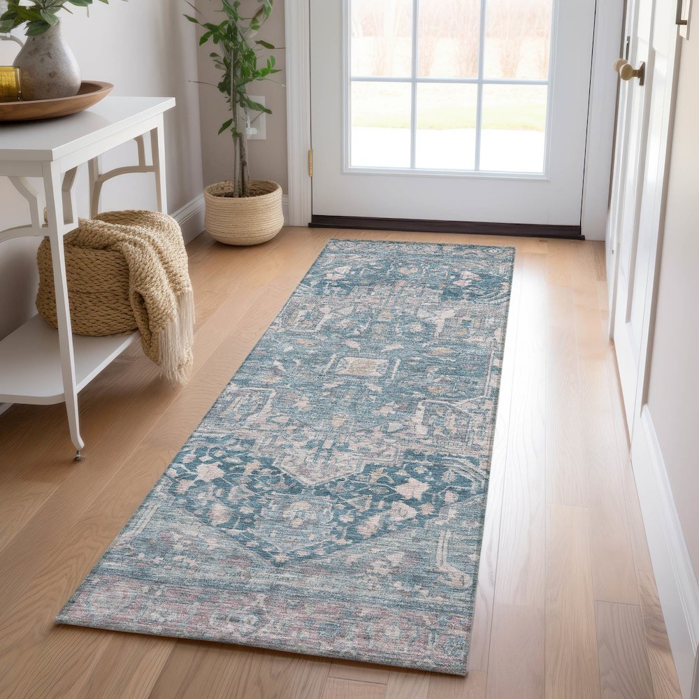 Luxury Washable Indoor/Outdoor Solace Blue 2'3" x 7'6" Runner Rug. Picture 5