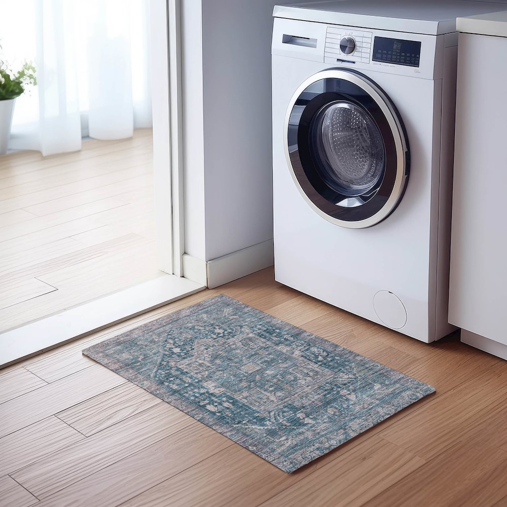 Luxury Washable Indoor/Outdoor Solace Blue 1'8" x 2'6" Rug. Picture 5