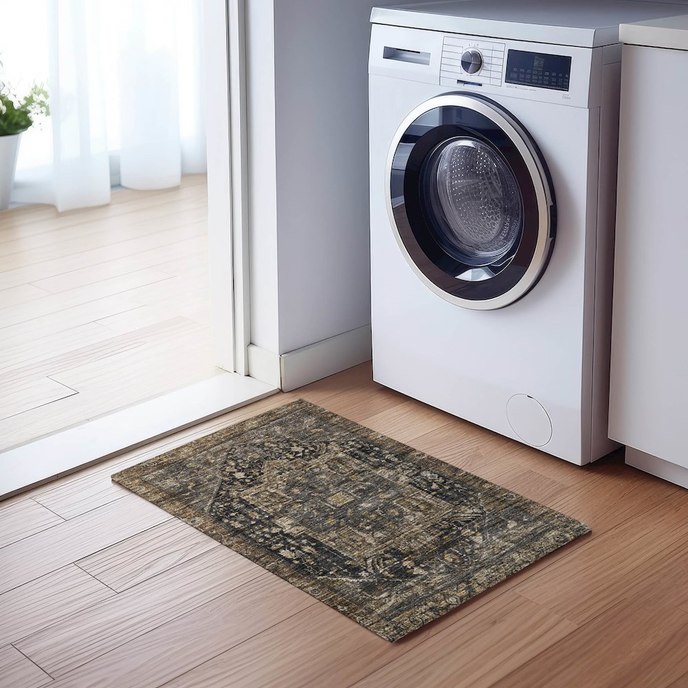 Luxury Washable Indoor/Outdoor Solace Charcoal 1'8" x 2'6" Rug. Picture 5