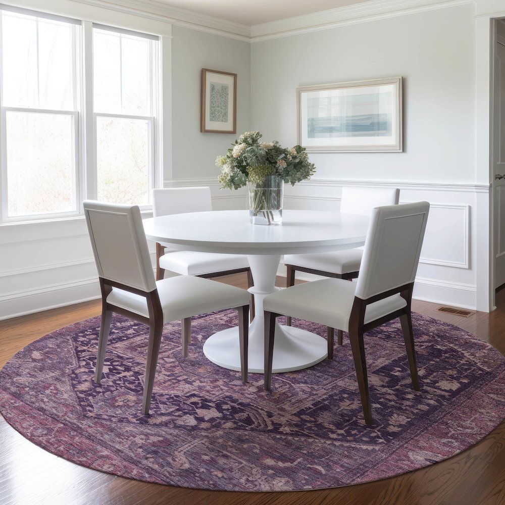 Luxury Washable Indoor/Outdoor Solace Eggplant 8' x 8' Round Rug. Picture 5