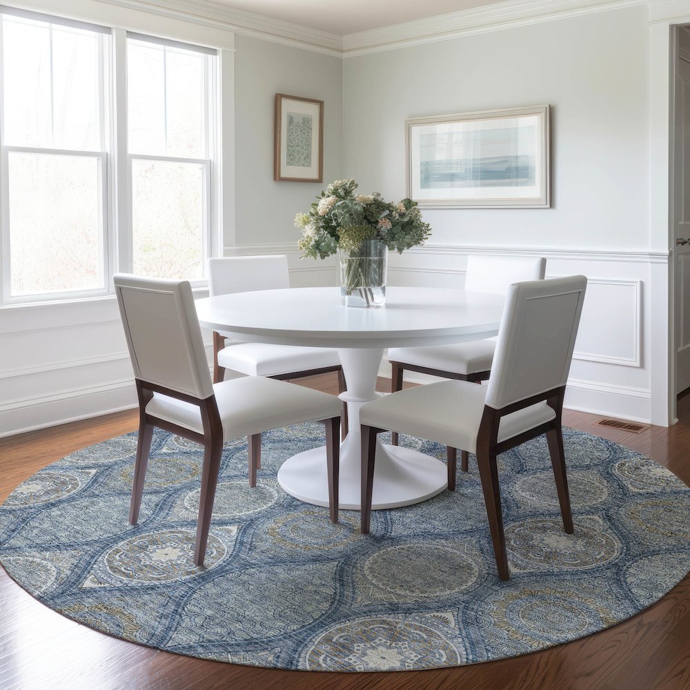 Luxury Washable Indoor/Outdoor Solace Navy 8' x 8' Round Rug. Picture 5
