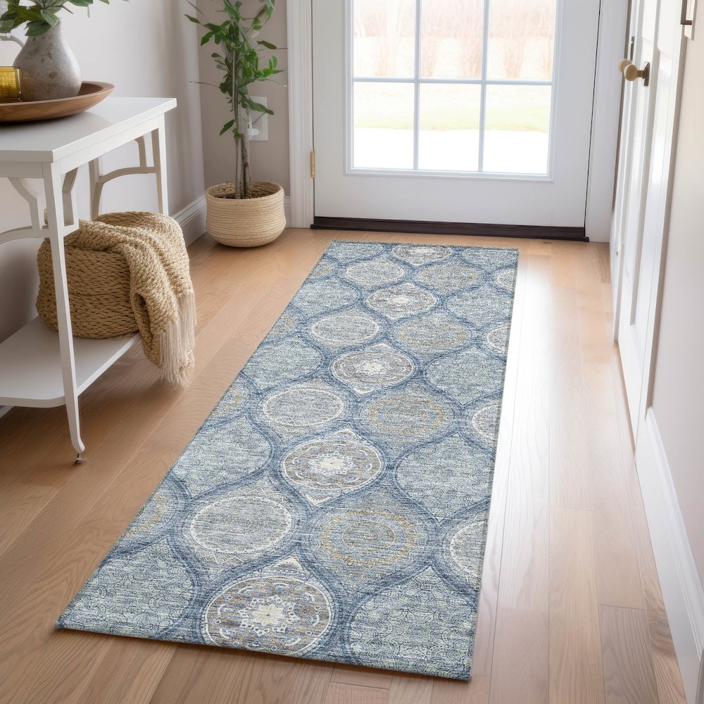 Luxury Washable Indoor/Outdoor Solace Navy 2'3" x 7'6" Runner Rug. Picture 5