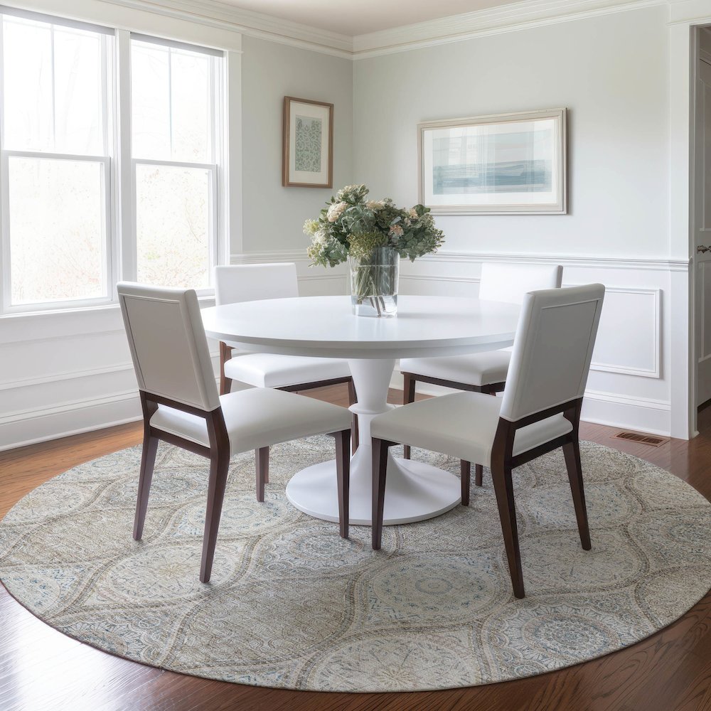Luxury Washable Indoor/Outdoor Solace Taupe 8' x 8' Round Rug. Picture 5