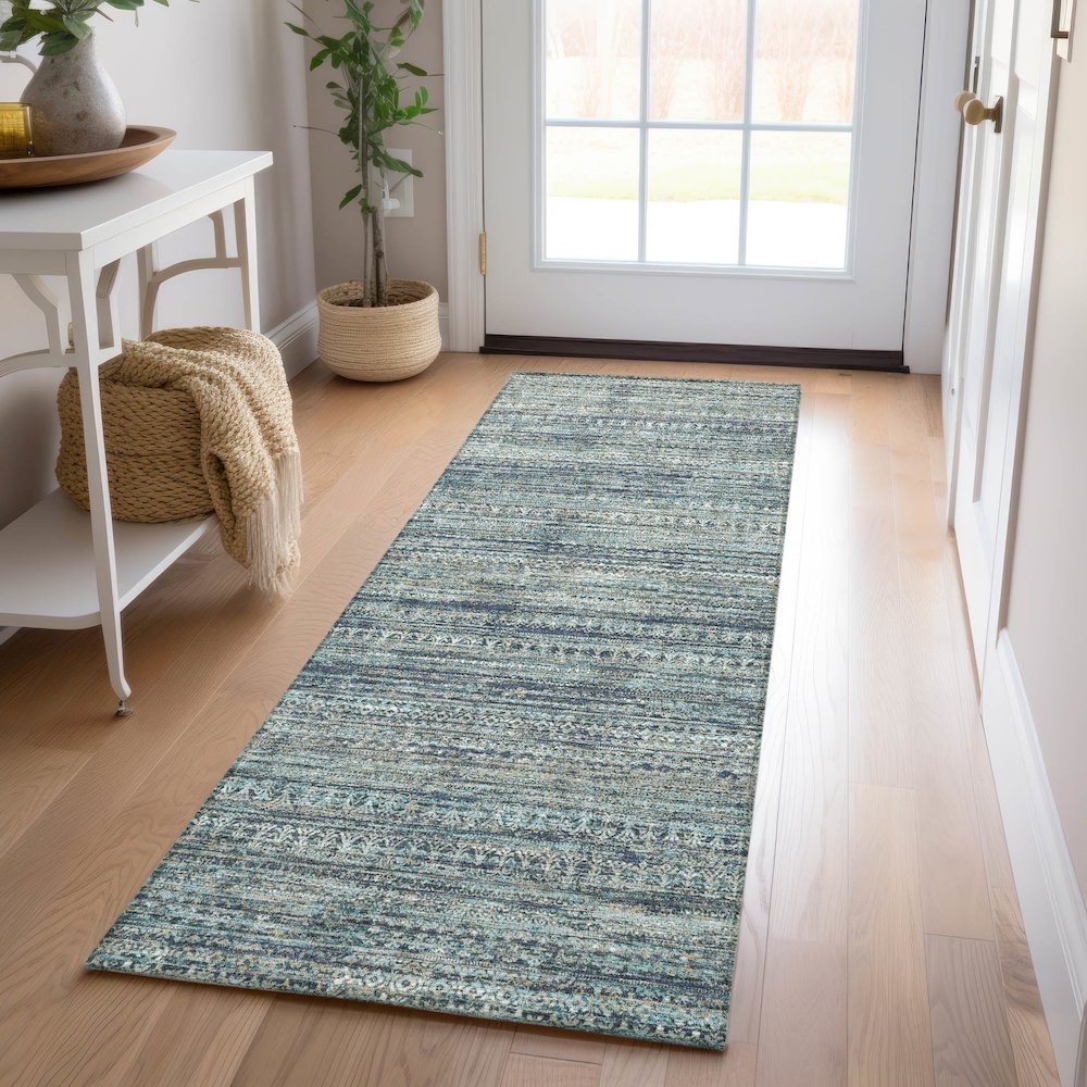 Luxury Washable Indoor/Outdoor Solace Teal 2'3" x 7'6" Runner Rug. Picture 5