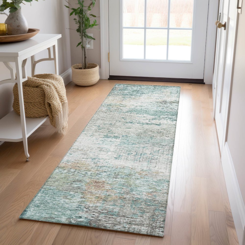 Luxury Washable Indoor/Outdoor Solace Teal 2'3" x 7'6" Runner Rug. Picture 5