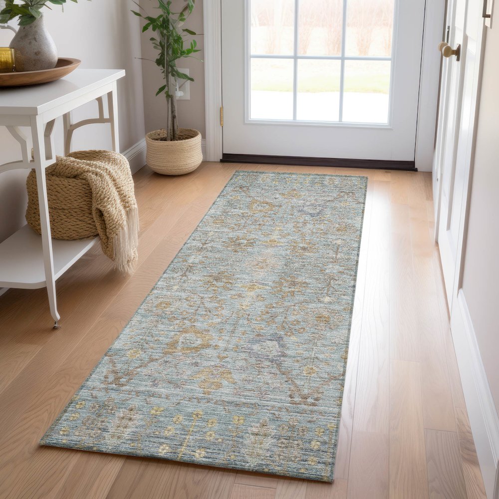 Luxury Washable Indoor/Outdoor Solace Teal 2'3" x 7'6" Runner Rug. Picture 5