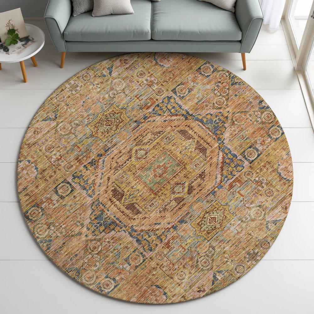 Indoor/Outdoor Silk Road Curry 8' x 8' Round Rug. Picture 5