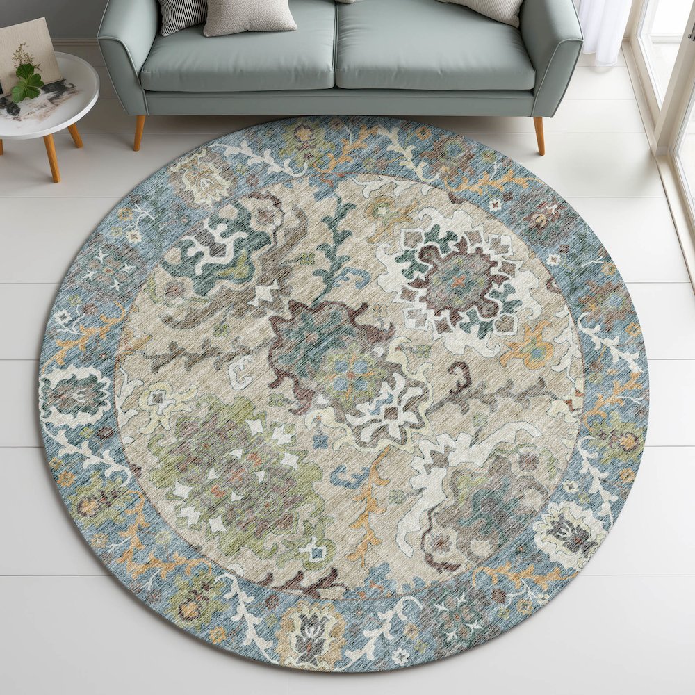 Indoor/Outdoor Silk Road Aqua 8' x 8' Round Rug. Picture 5