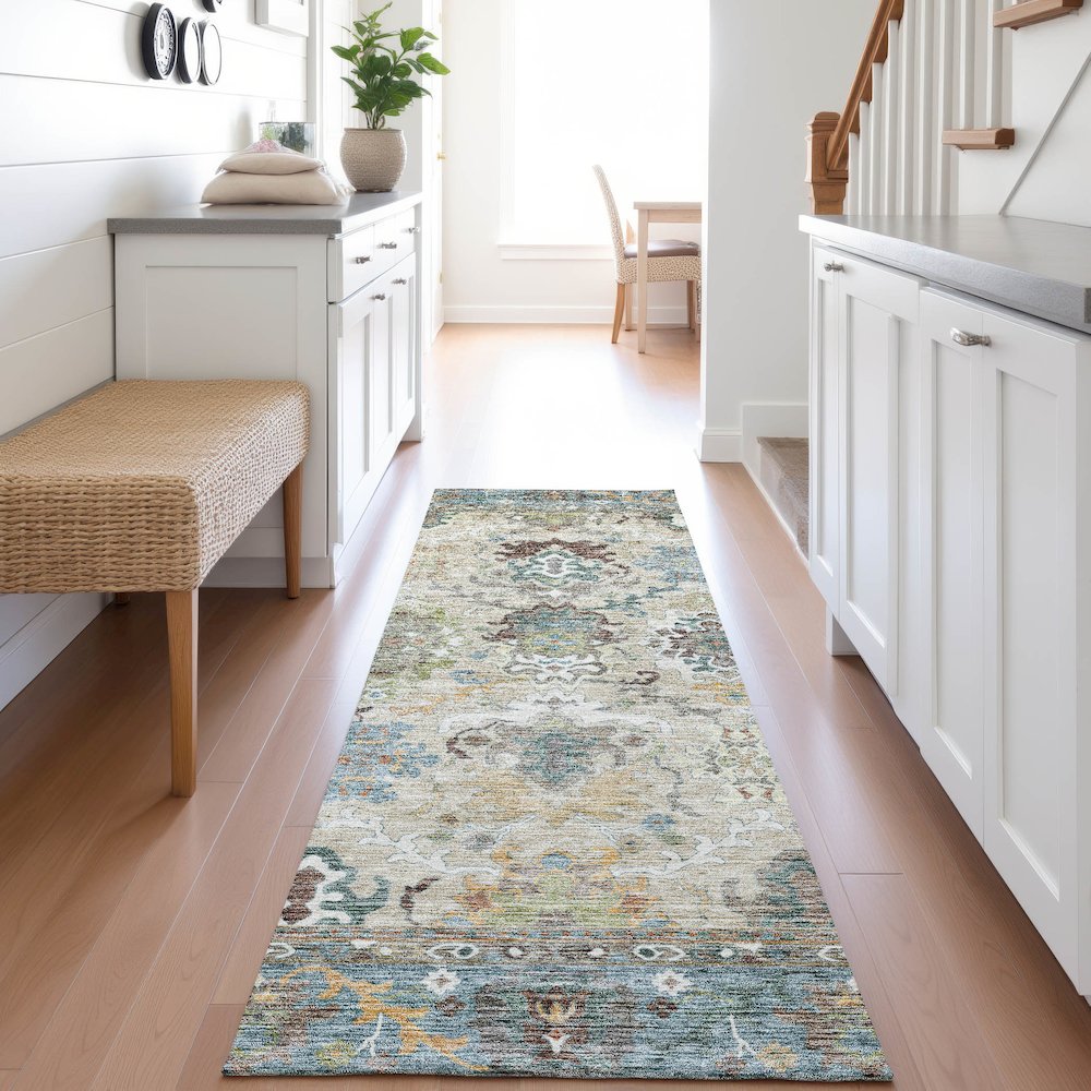 Indoor/Outdoor Silk Road Aqua 2'3" x 7'6" Runner Rug. Picture 5