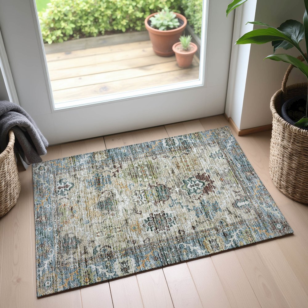 Indoor/Outdoor Silk Road Aqua 1'8" x 2'6" Rug. Picture 5