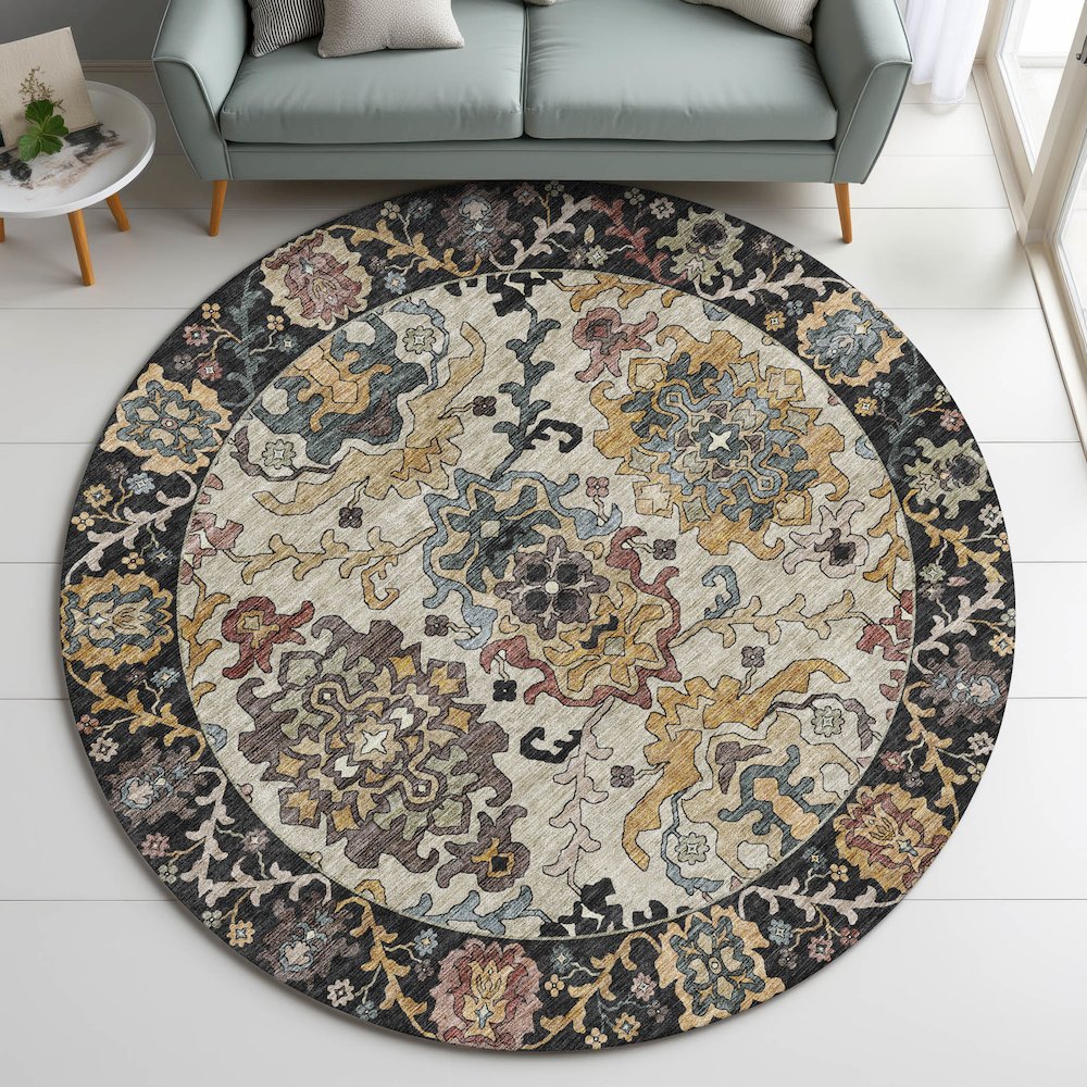 Indoor/Outdoor Silk Road Black 8' x 8' Round Rug. Picture 5
