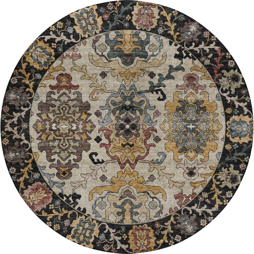 Indoor/Outdoor Silk Road Black 8' x 8' Round Rug. Picture 1