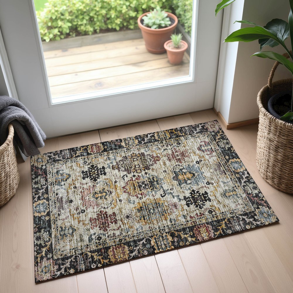Indoor/Outdoor Silk Road Black 1'8" x 2'6" Rug. Picture 5