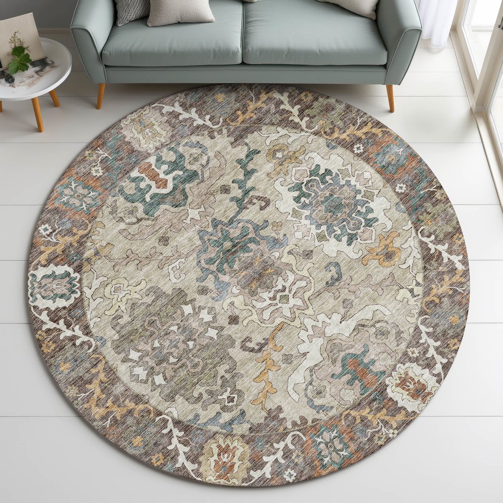 Indoor/Outdoor Silk Road Chocolate 8' x 8' Round Rug. Picture 5