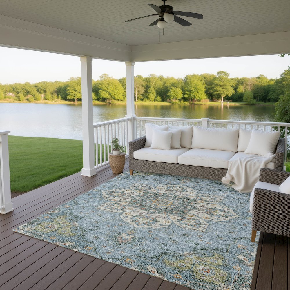 Indoor/Outdoor Silk Road Aqua 2'6" x 3'10" Rug. Picture 7