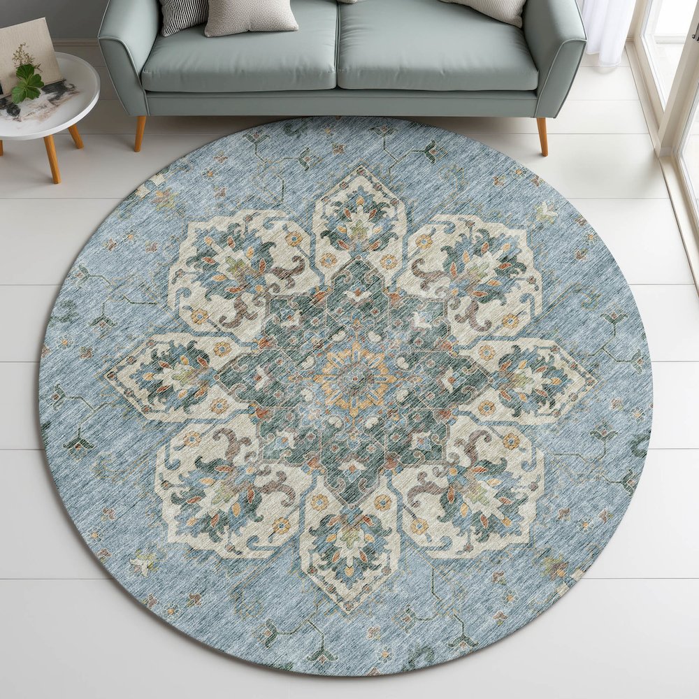 Indoor/Outdoor Silk Road Aqua 8' x 8' Round Rug. Picture 5