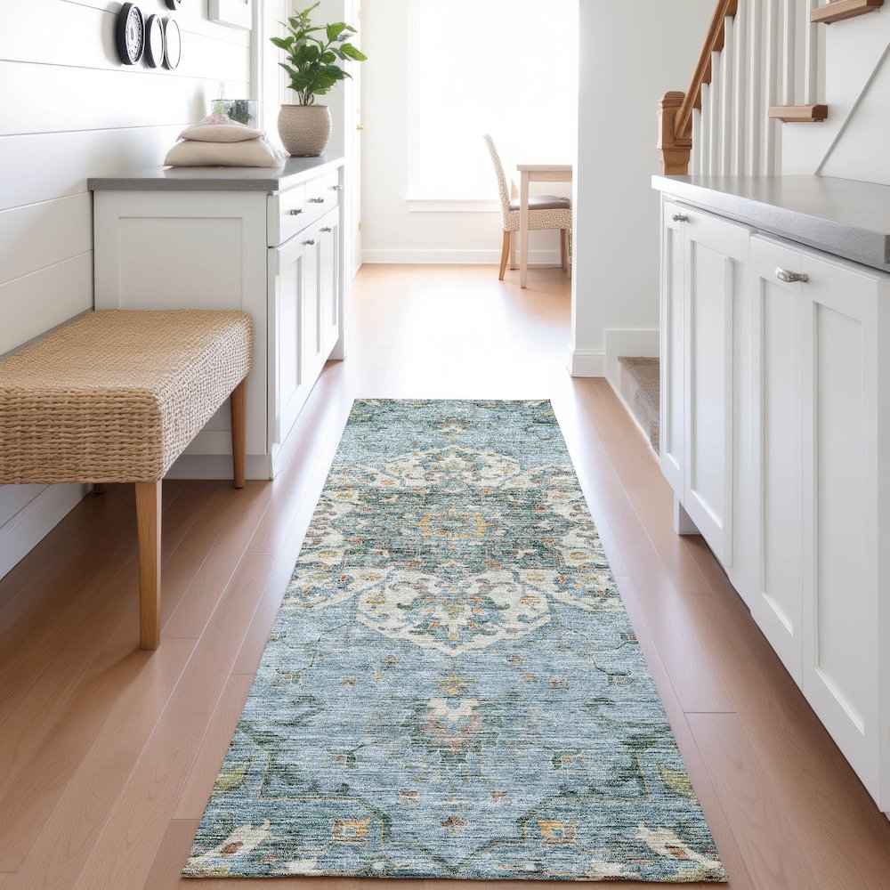 Indoor/Outdoor Silk Road Aqua 2'3" x 7'6" Runner Rug. Picture 5