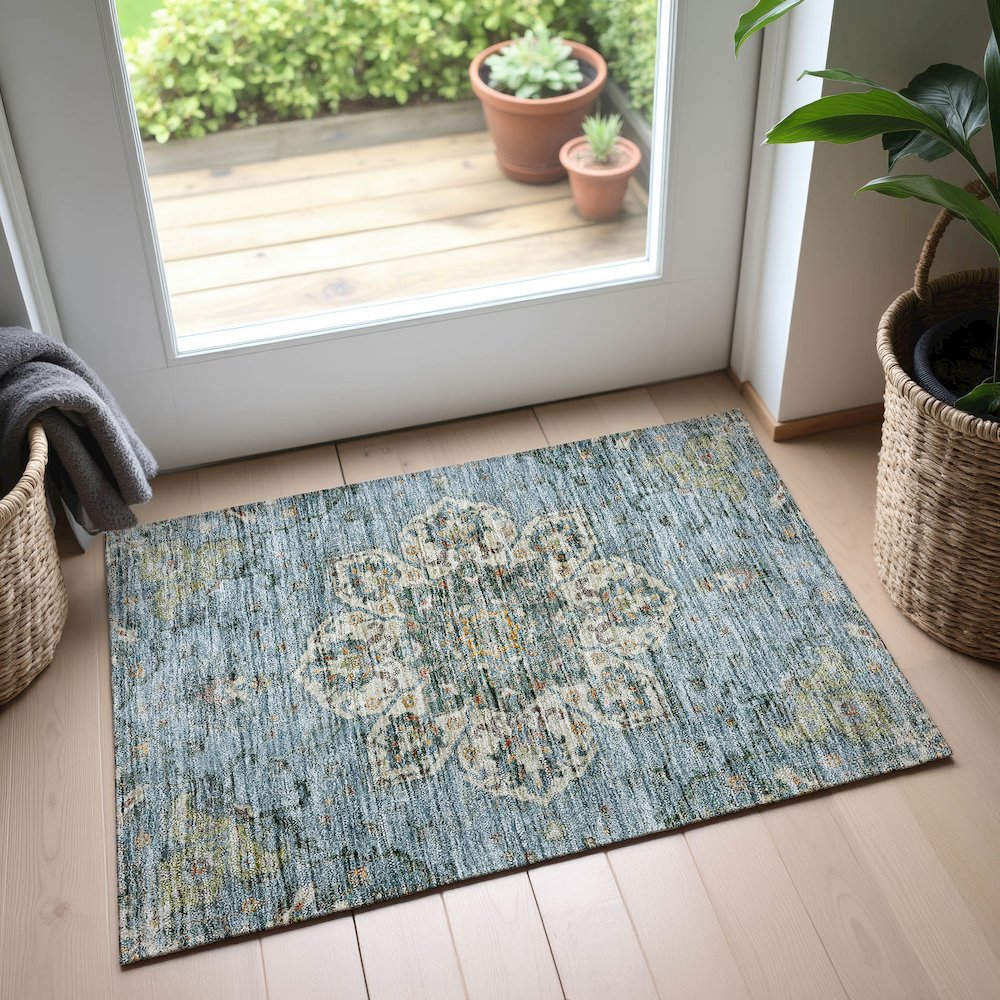 Indoor/Outdoor Silk Road Aqua 1'8" x 2'6" Rug. Picture 5