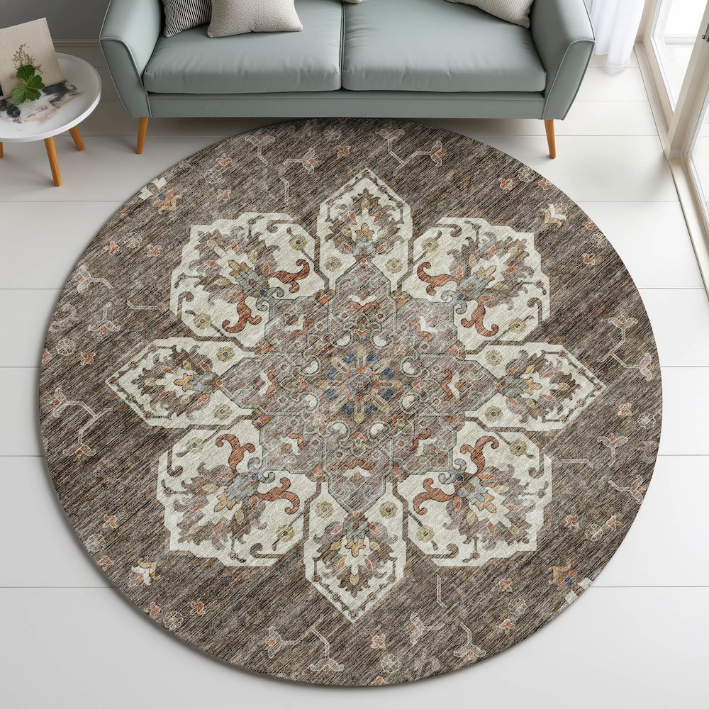 Indoor/Outdoor Silk Road Chocolate 8' x 8' Round Rug. Picture 5