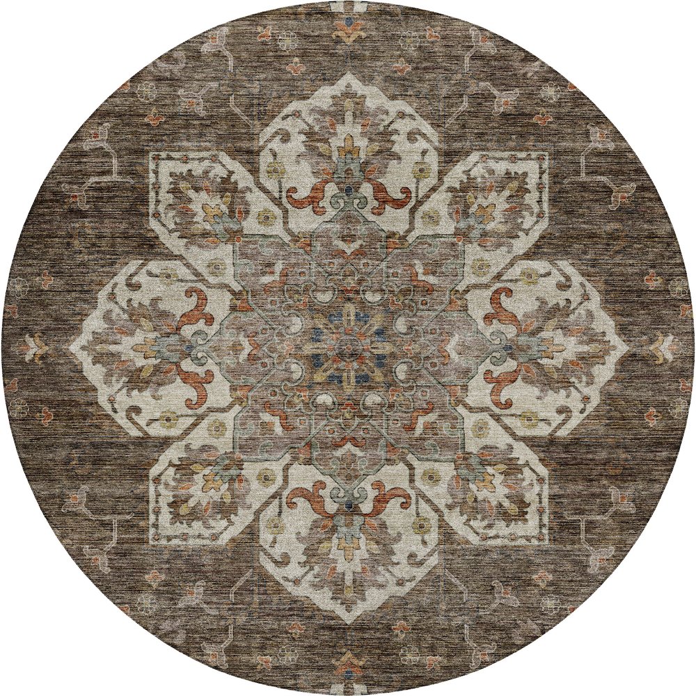 Indoor/Outdoor Silk Road Chocolate 8' x 8' Round Rug. Picture 1