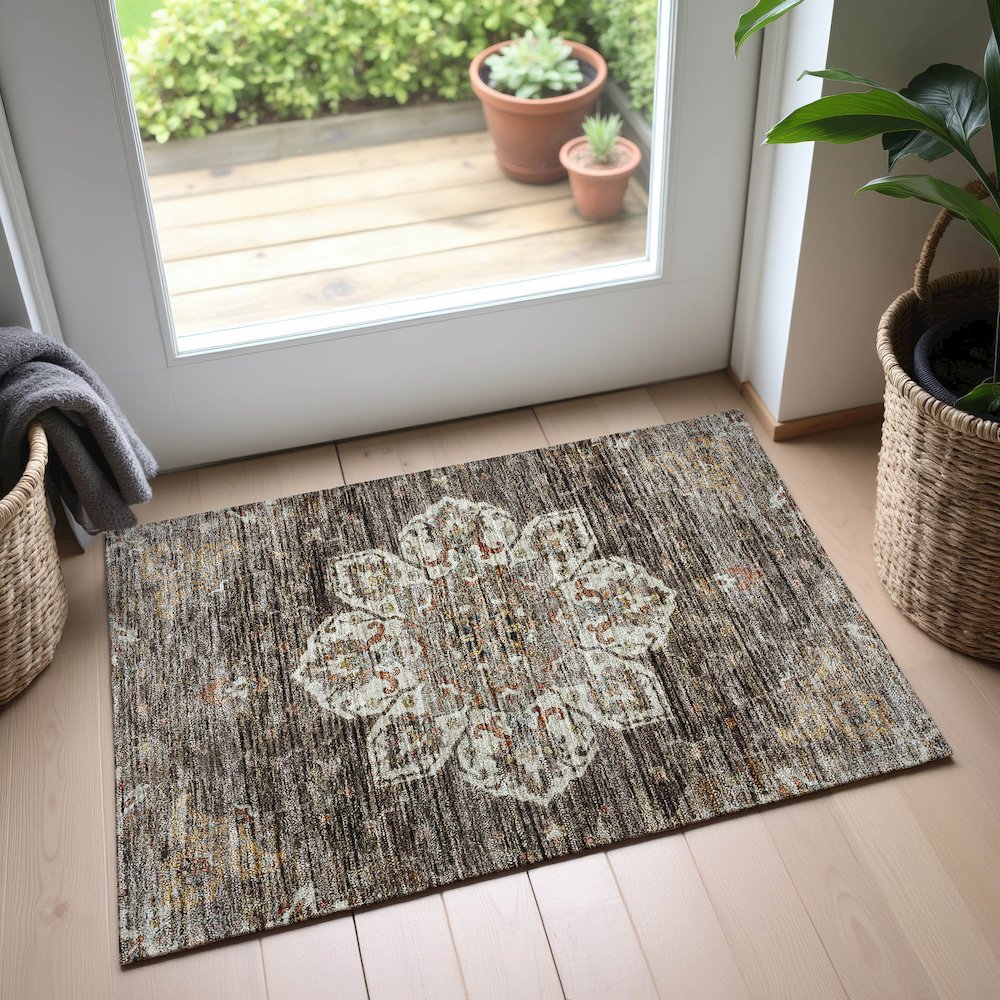 Indoor/Outdoor Silk Road Chocolate 1'8" x 2'6" Rug. Picture 5