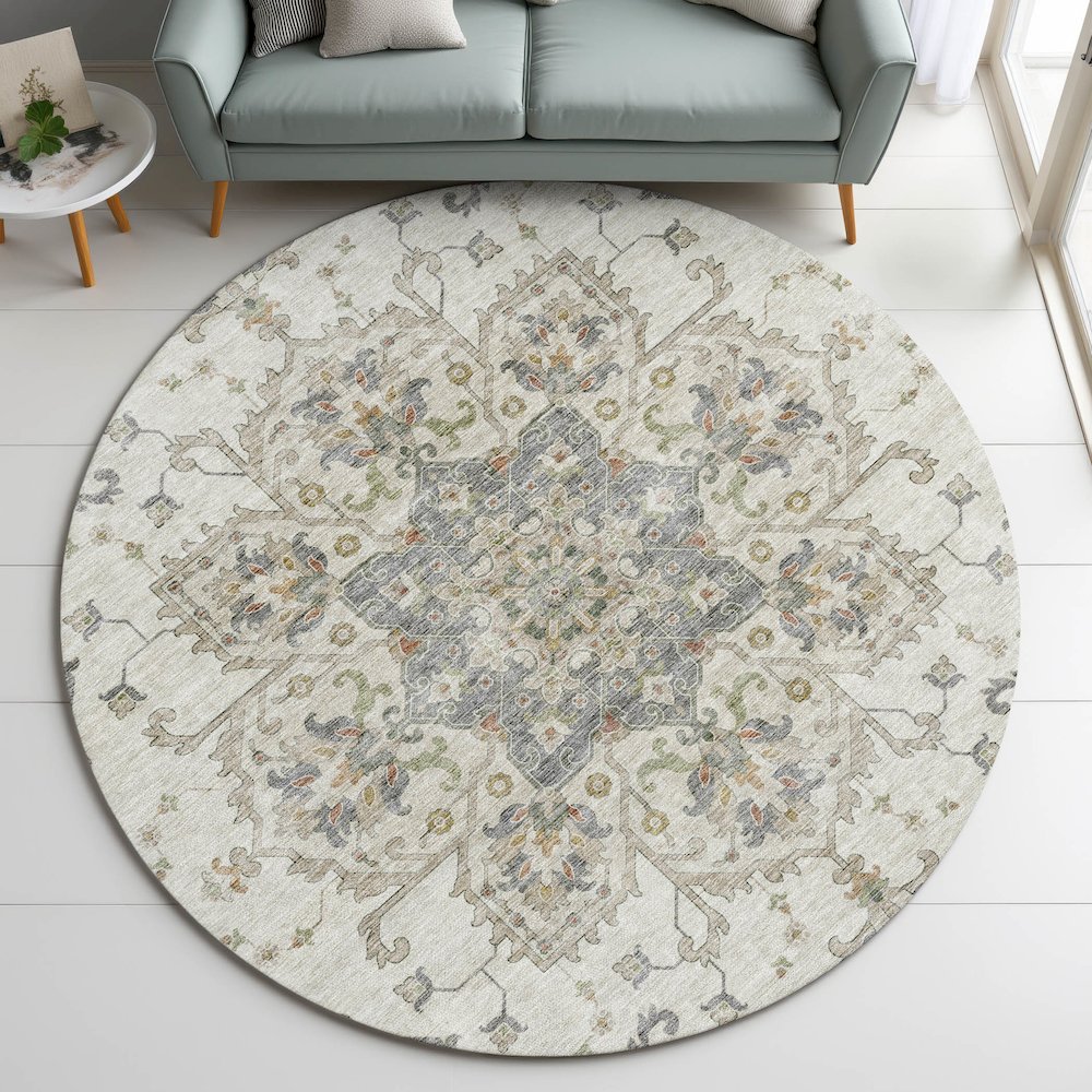 Indoor/Outdoor Silk Road Ivory 8' x 8' Round Rug. Picture 5