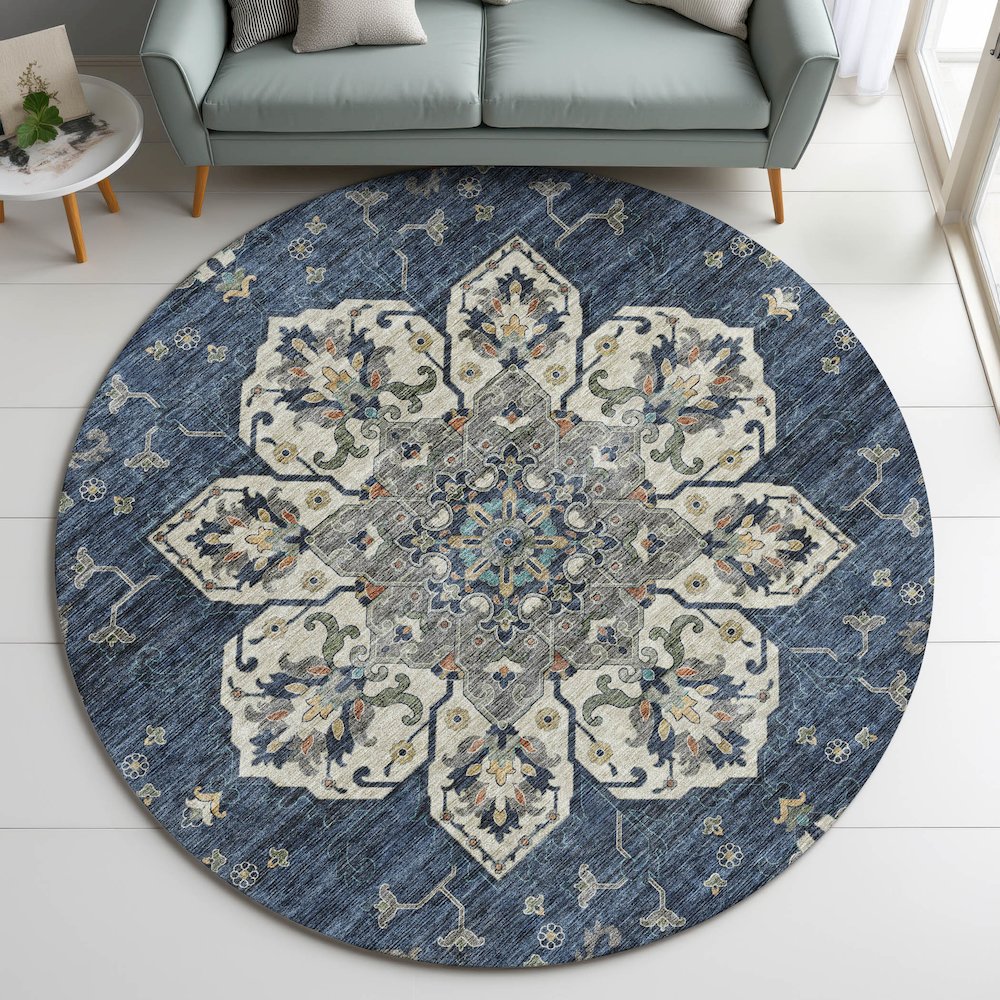 Indoor/Outdoor Silk Road Navy 8' x 8' Round Rug. Picture 5