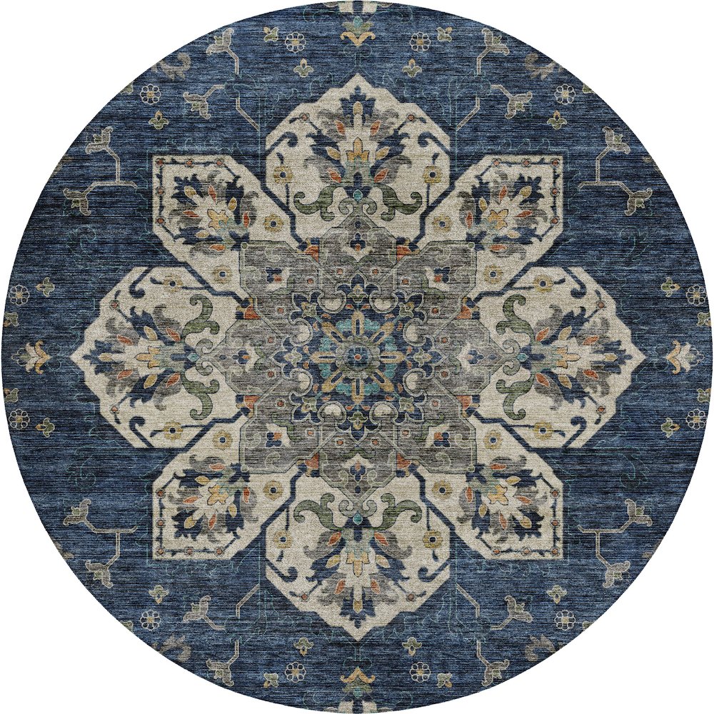 Indoor/Outdoor Silk Road Navy 8' x 8' Round Rug. Picture 1